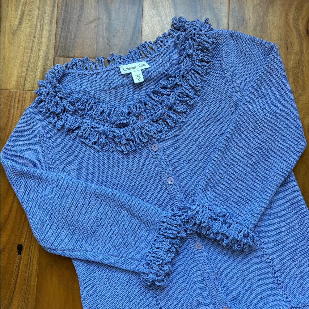 Coldwater Creek Periwinkle Scalloped Ruffle Sweater/Cardigan